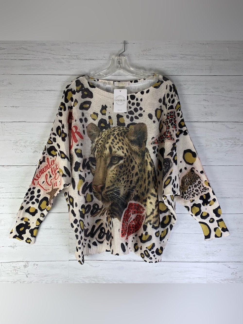 Loowie Beige Leopard Round Neck Knit Printed Sweater One Size